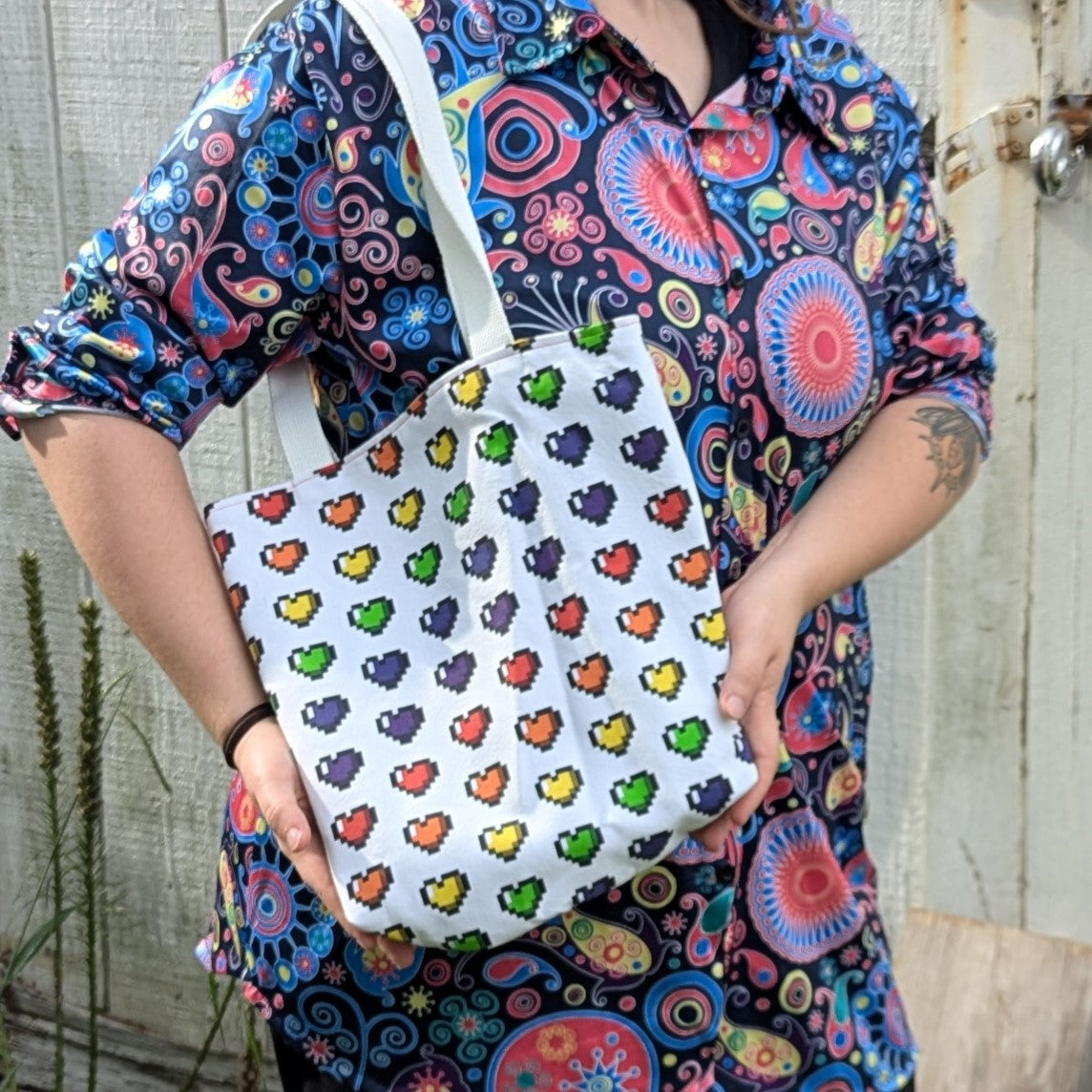Pride Reversible Tote Bags Pixel Heart and Minecraft