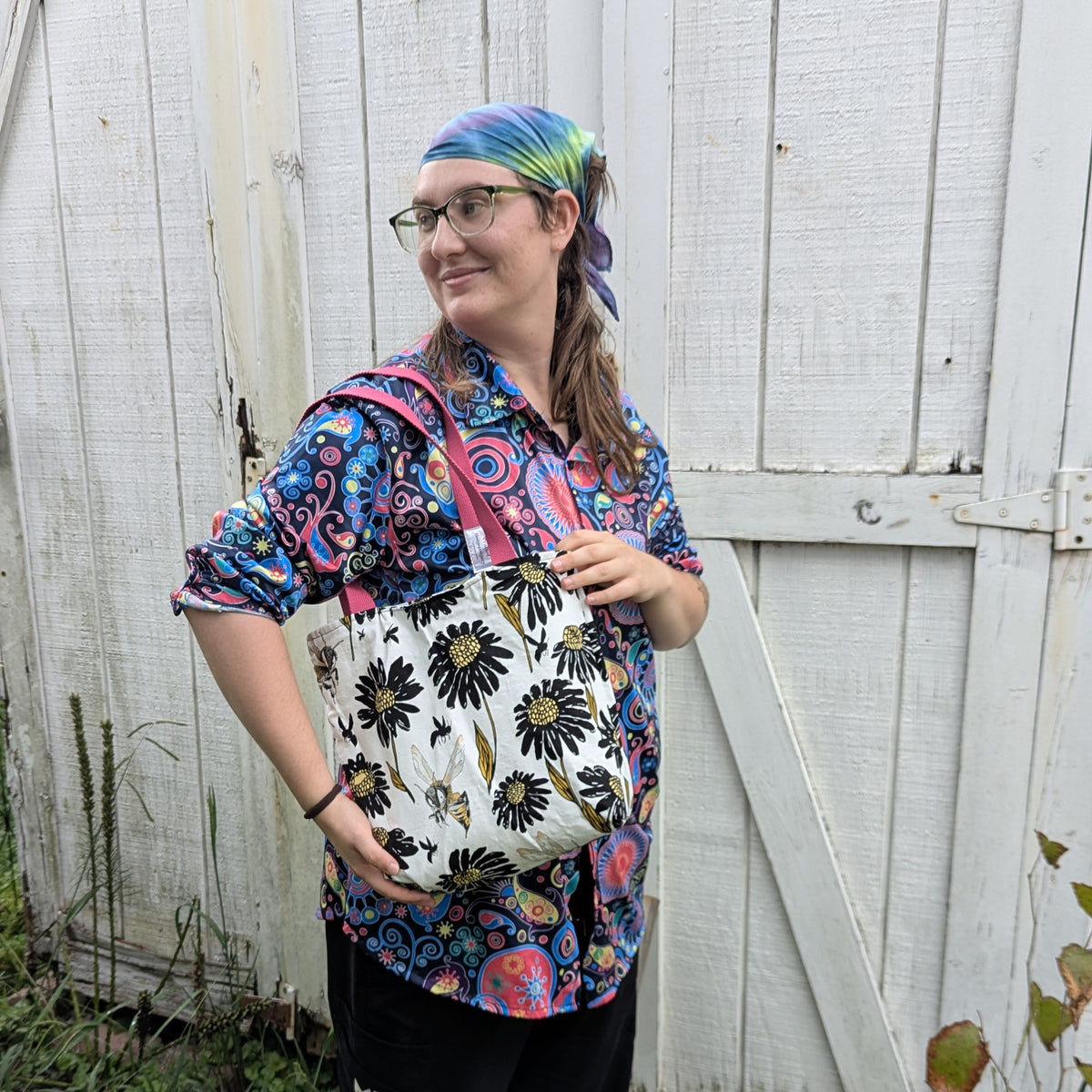 Pride Reversible Tote Bags Pixel Hearts and Edward Gorey Flowers