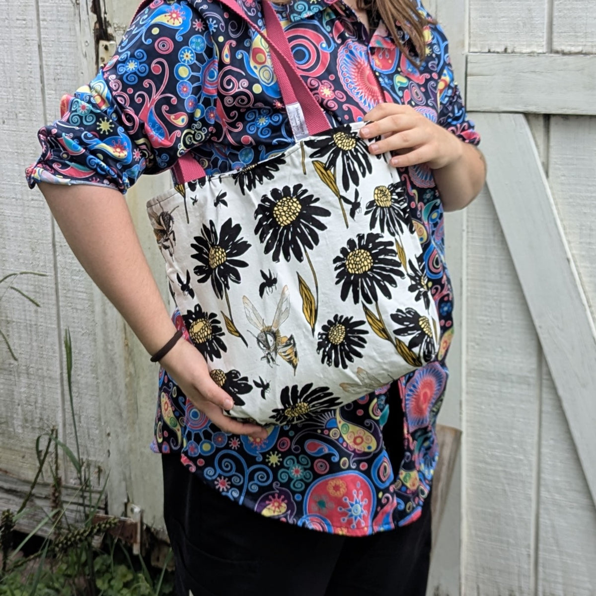 Pride Reversible Tote Bags Pixel Hearts and Edward Gorey Flowers